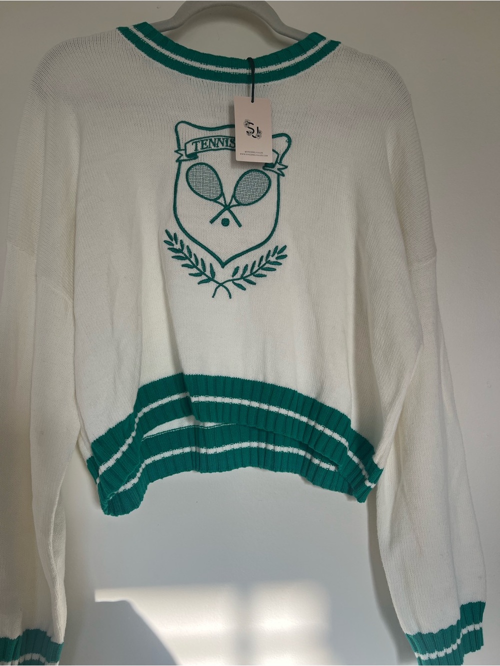 Sincerely Jules White Crewneck Sweater with Teal Tennis Crest